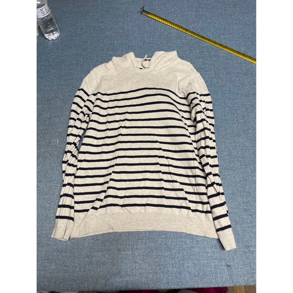 Gap Mens Striped Knit Hoodie Sweater Oatmeal Navy Blue Long Sleeve Size L